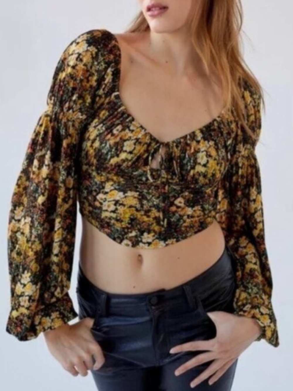 Urban Outfitters | Elowen Blouse Black Motif Floral Small Cropped Fall Autumn